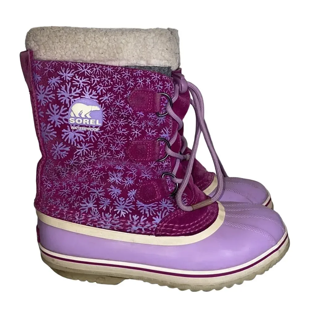 Sorel Pink Waterproof Winter Snow Boots Snowflake Youth Size 6